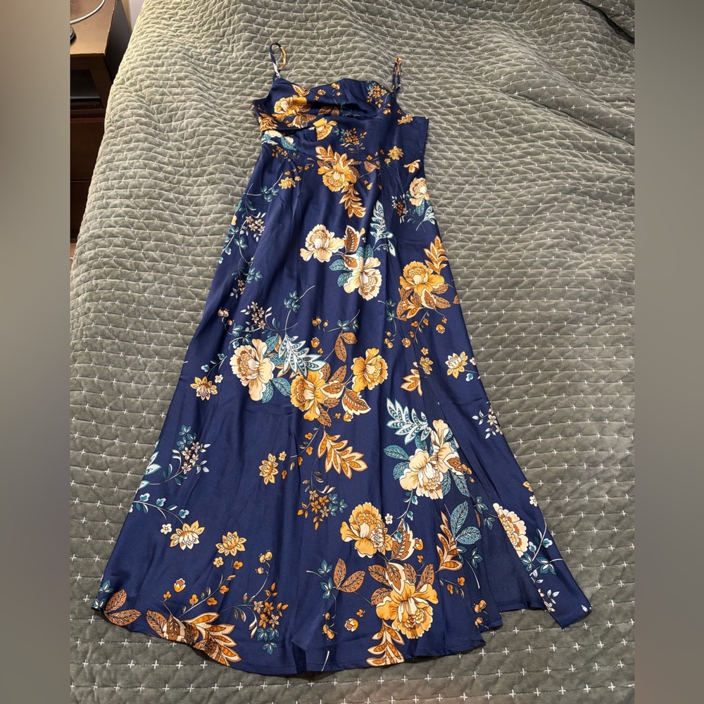 Petal & Pup Navy Maxi Dress with Mustard & Cream Floral Print - Picture 6 of 7